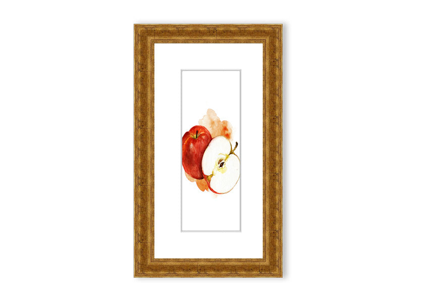 A beautifully framed print of an apple, showcasing vibrant colors and intricate details, ready to hang.