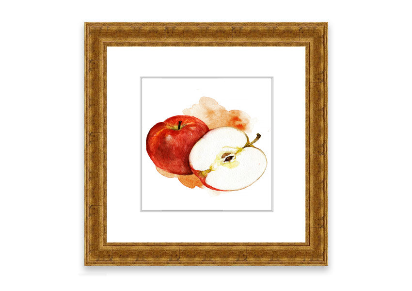 A beautifully framed print of an apple, showcasing vibrant colors and intricate details, ready to hang.