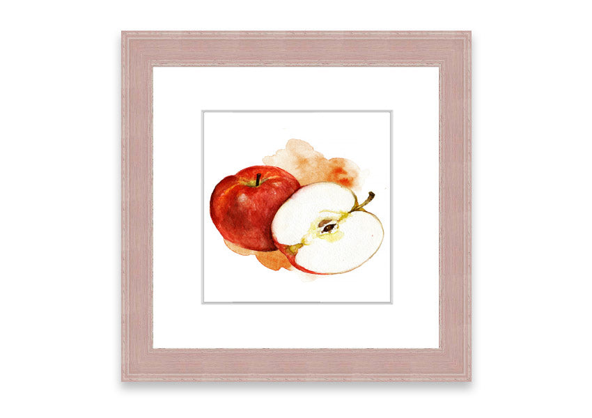 A beautifully framed print of an apple, showcasing vibrant colors and intricate details, ready to hang.