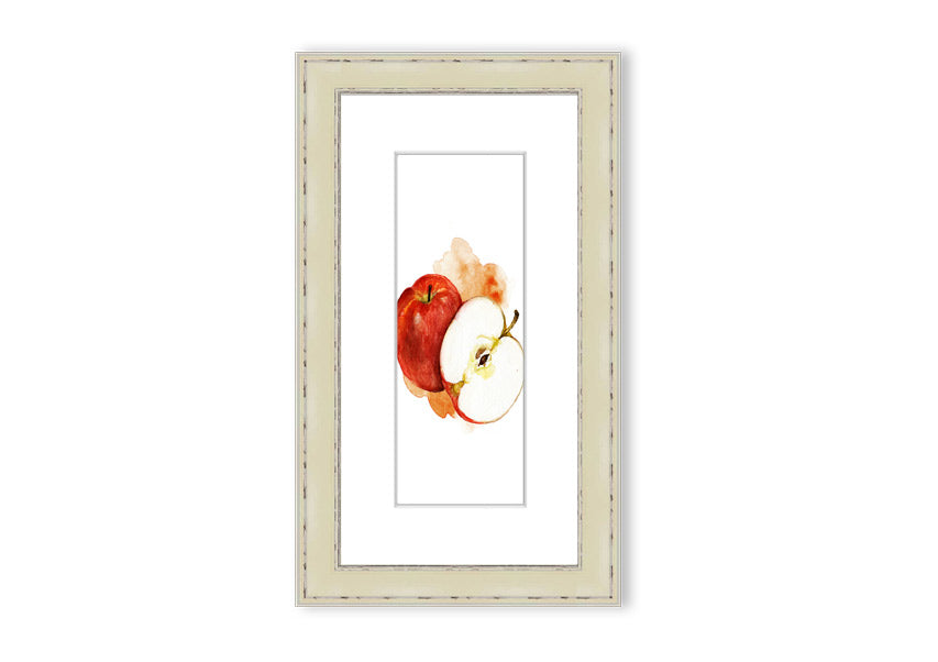 A beautifully framed print of an apple, showcasing vibrant colors and intricate details, ready to hang.