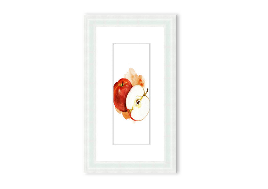 A beautifully framed print of an apple, showcasing vibrant colors and intricate details, ready to hang.