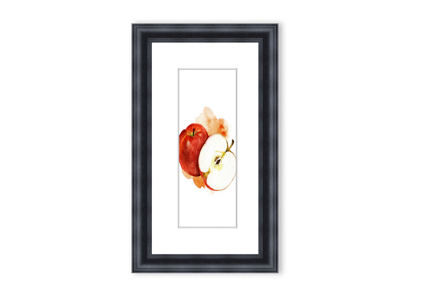 A beautifully framed print of an apple, showcasing vibrant colors and intricate details, ready to hang.