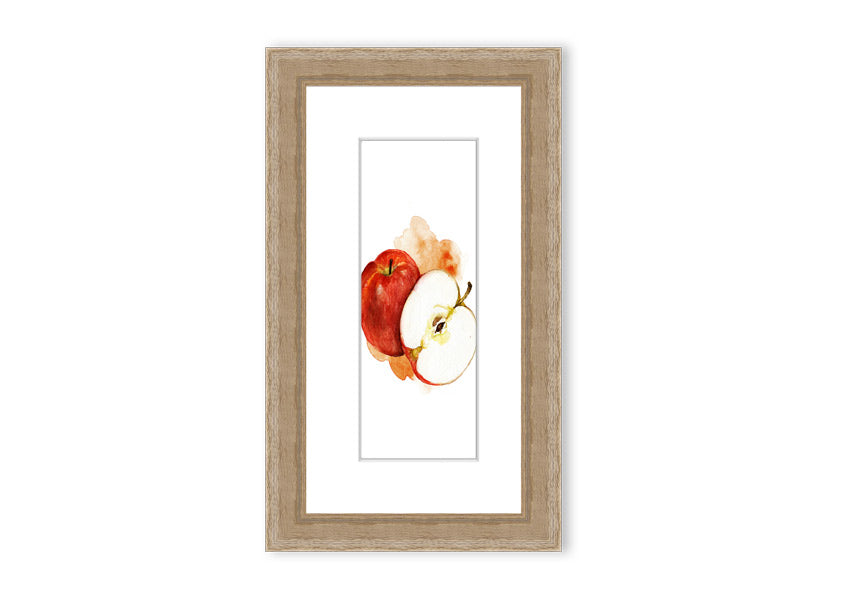 A beautifully framed print of an apple, showcasing vibrant colors and intricate details, ready to hang.