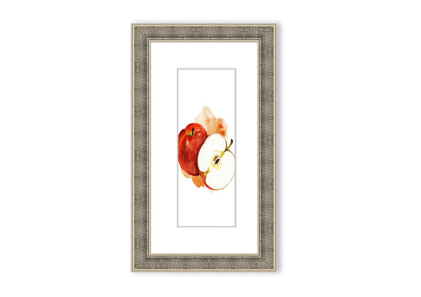 A beautifully framed print of an apple, showcasing vibrant colors and intricate details, ready to hang.