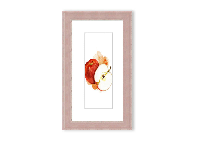 A beautifully framed print of an apple, showcasing vibrant colors and intricate details, ready to hang.