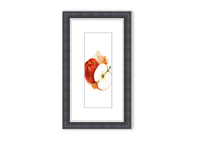 A beautifully framed print of an apple, showcasing vibrant colors and intricate details, ready to hang.