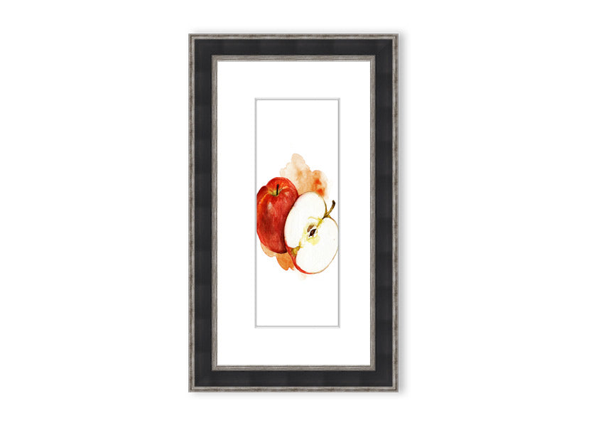 A beautifully framed print of an apple, showcasing vibrant colors and intricate details, ready to hang.