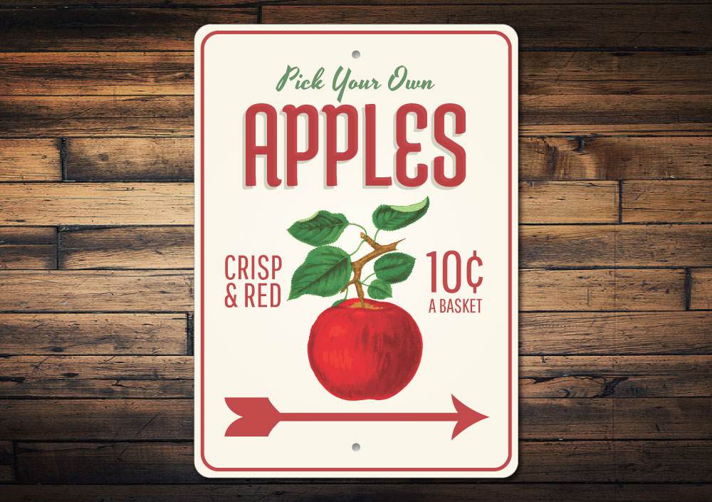 A beautifully crafted Apple Orchard Sign made of high-quality aluminum, featuring vibrant colors and customizable text options.