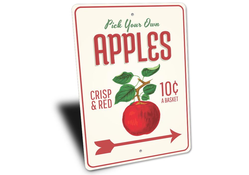 A beautifully crafted Apple Orchard Sign made of high-quality aluminum, featuring vibrant colors and customizable text options.