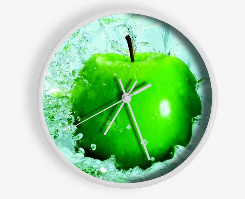 Apple Splash clock made from natural bamboo with a round face, available in black, white, and natural colors, featuring a clear Plexiglas lens.