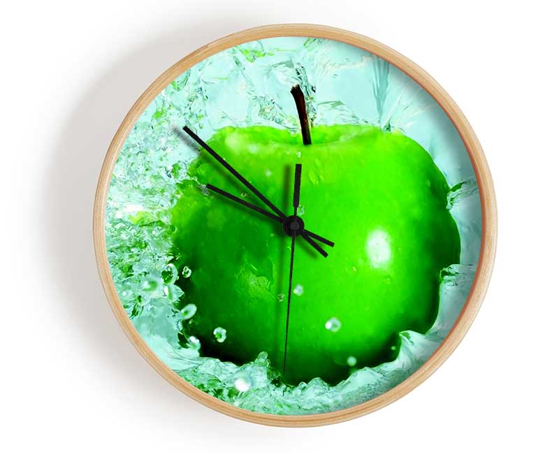 Apple Splash clock made from natural bamboo with a round face, available in black, white, and natural colors, featuring a clear Plexiglas lens.