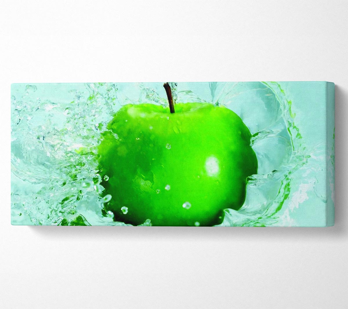 Vibrant Apple Splash canvas art mounted on a 44mm box frame, showcasing a colorful apple design.