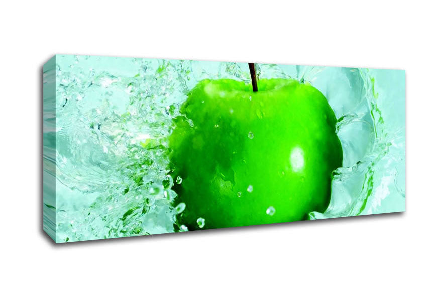 Vibrant Apple Splash canvas art mounted on a 44mm box frame, showcasing a colorful apple design.