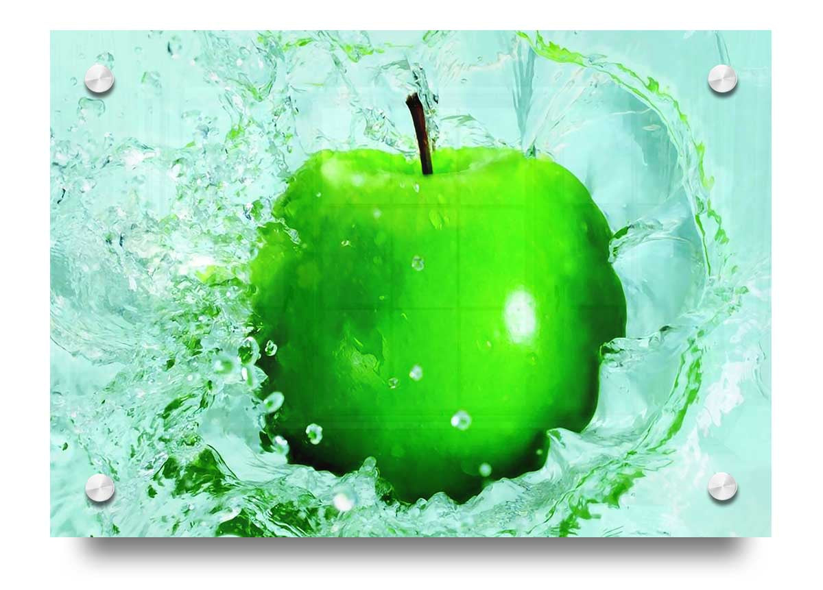 Vibrant Apple Splash acrylic print on 5mm thick glass, showcasing colorful design ready to hang.