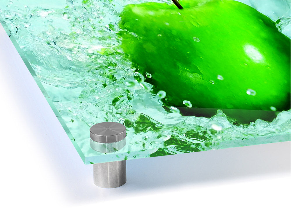 Vibrant Apple Splash acrylic print on 5mm thick glass, showcasing colorful design ready to hang.