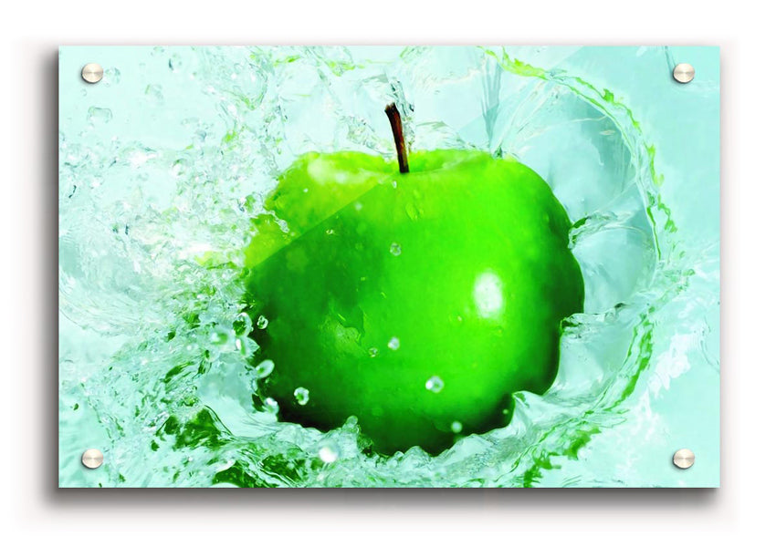 Vibrant Apple Splash acrylic print on 5mm thick glass, showcasing colorful design ready to hang.