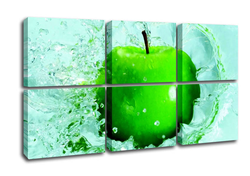 Vibrant Apple Splash canvas art mounted on a 44mm box frame, ready to hang.