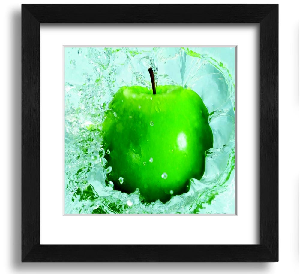 A vibrant Apple Splash Square Framed Print showcasing colorful apple designs in a stylish frame, ready to hang.