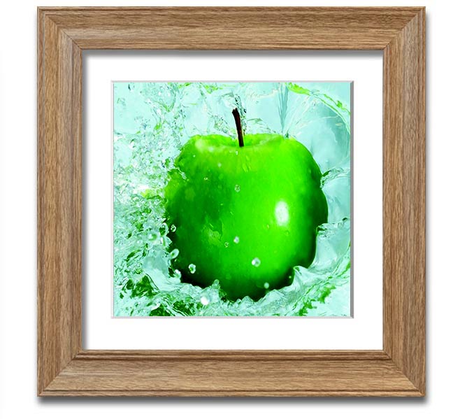 A vibrant Apple Splash Square Framed Print showcasing colorful apple designs in a stylish frame, ready to hang.