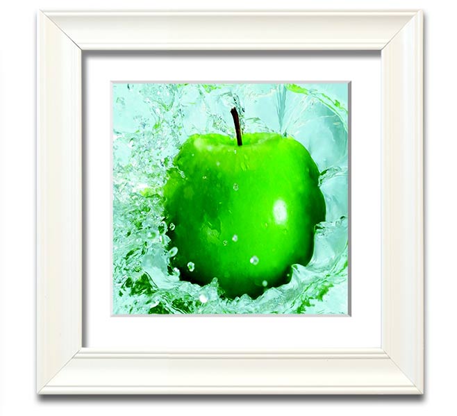 A vibrant Apple Splash Square Framed Print showcasing colorful apple designs in a stylish frame, ready to hang.