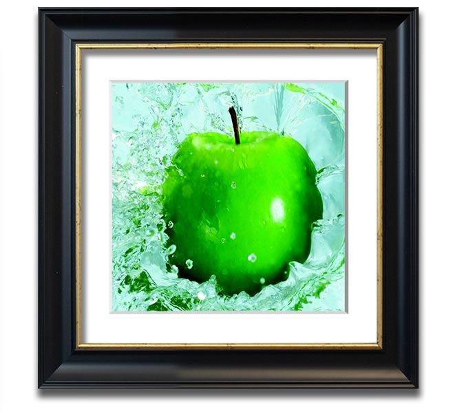 A vibrant Apple Splash Square Framed Print showcasing colorful apple designs in a stylish frame, ready to hang.