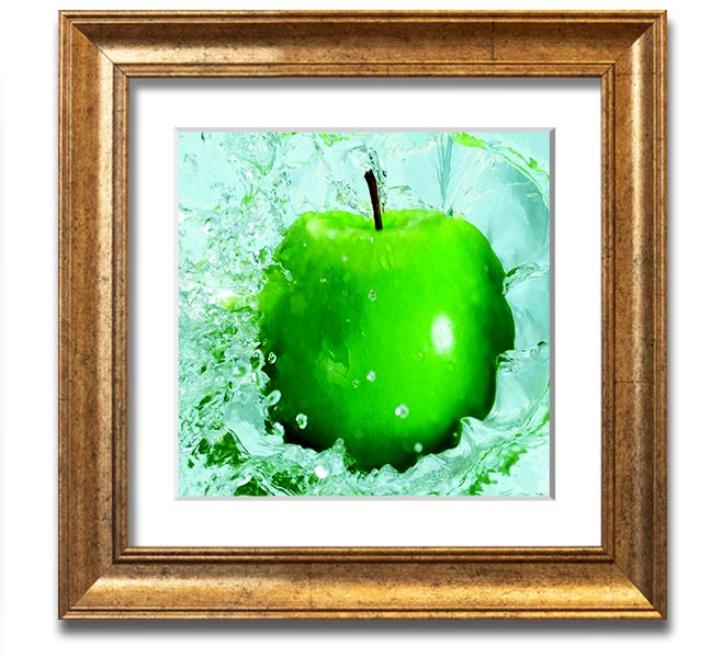 A vibrant Apple Splash Square Framed Print showcasing colorful apple designs in a stylish frame, ready to hang.