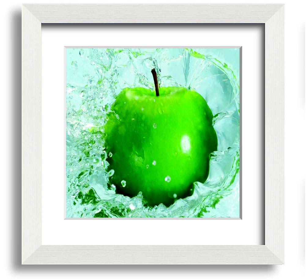 A vibrant Apple Splash Square Framed Print showcasing colorful apple designs in a stylish frame, ready to hang.