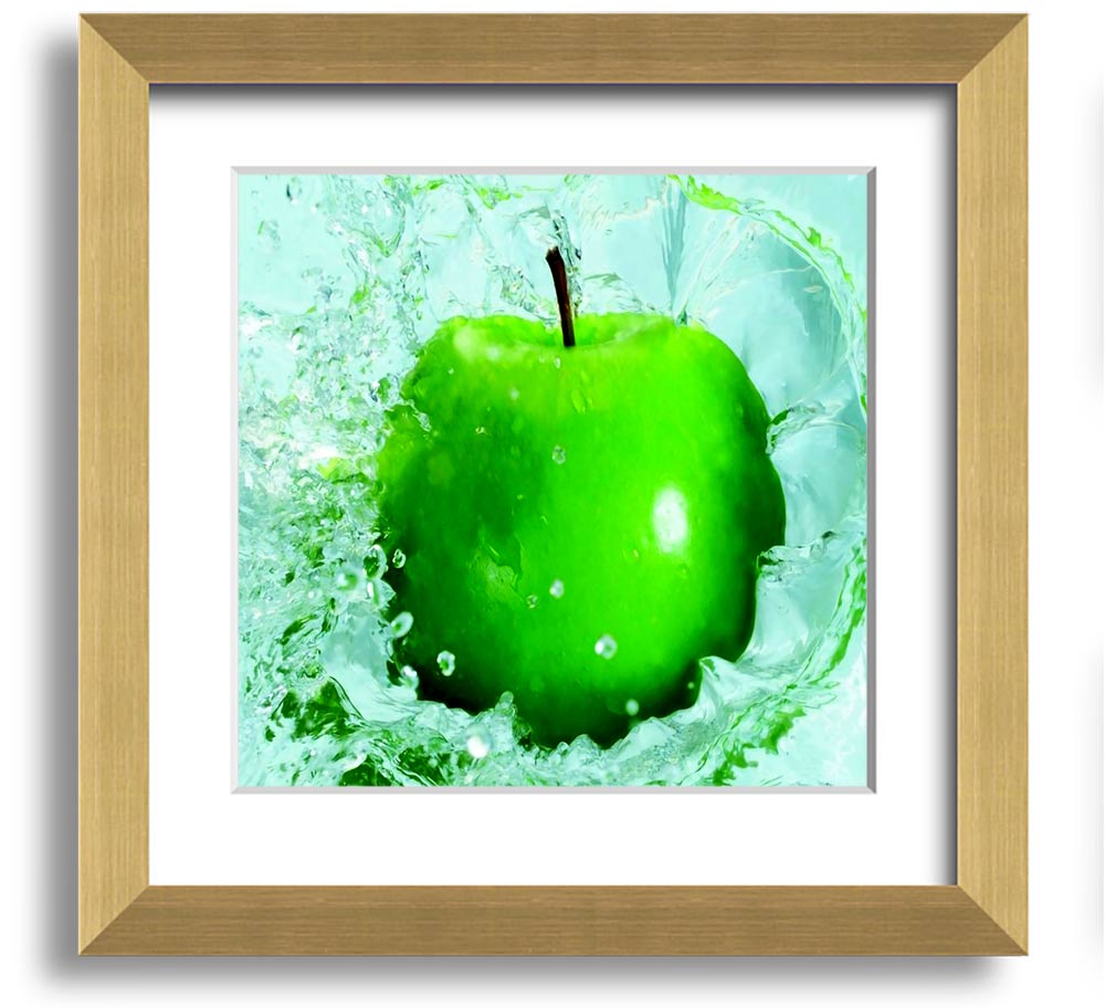 A vibrant Apple Splash Square Framed Print showcasing colorful apple designs in a stylish frame, ready to hang.