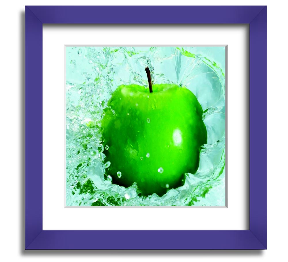 A vibrant Apple Splash Square Framed Print showcasing colorful apple designs in a stylish frame, ready to hang.