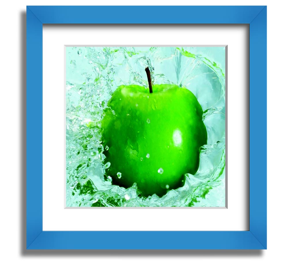 A vibrant Apple Splash Square Framed Print showcasing colorful apple designs in a stylish frame, ready to hang.