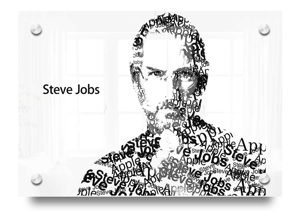 A vibrant acrylic print of Steve Jobs, showcasing his iconic image with rich colors and sharp details, perfect for wall decor.