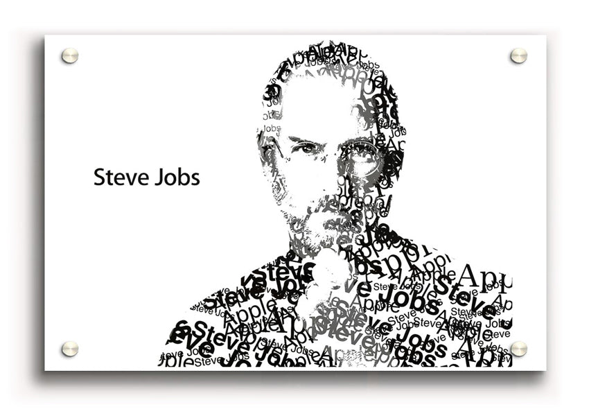 A vibrant acrylic print of Steve Jobs, showcasing his iconic image with rich colors and sharp details, perfect for wall decor.