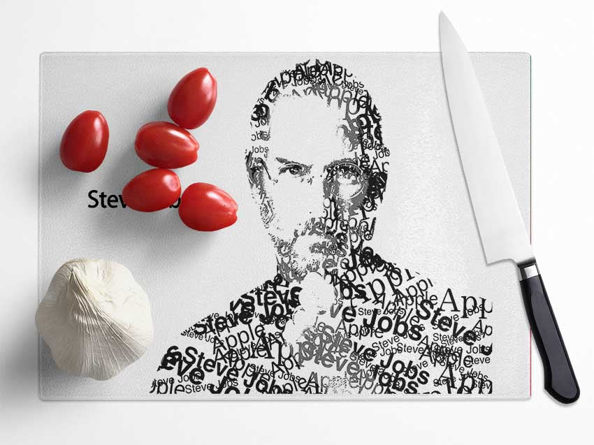 Apple Steve Jobs chopping board made of tempered glass with chinchilla ripple effect and anti-slip feet.