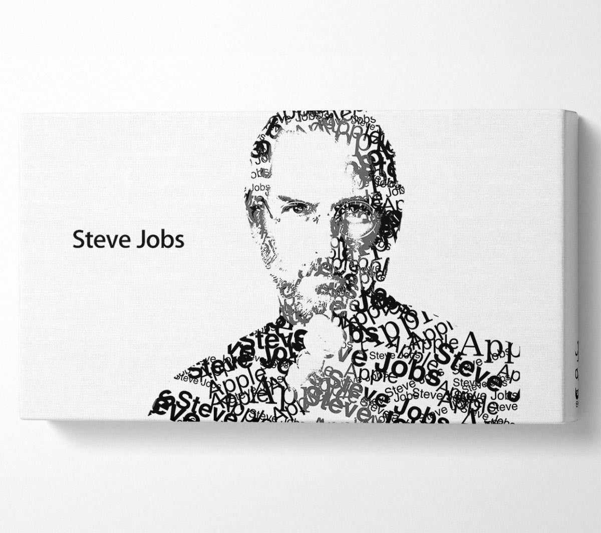 A canvas print featuring Steve Jobs, mounted on a 44mm box frame, showcasing his iconic image and Apple branding.