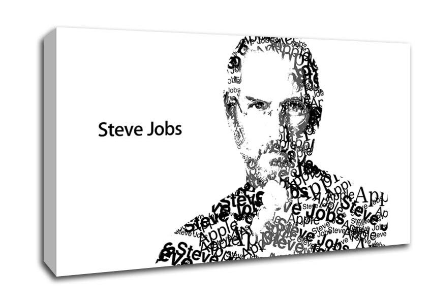 A canvas print featuring Steve Jobs, mounted on a 44mm box frame, showcasing his iconic image and Apple branding.