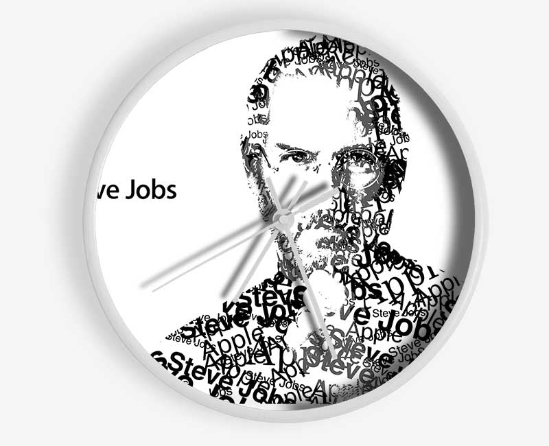 Apple Steve Jobs clock made from natural bamboo with a round face, available in black, white, and natural frame colors.