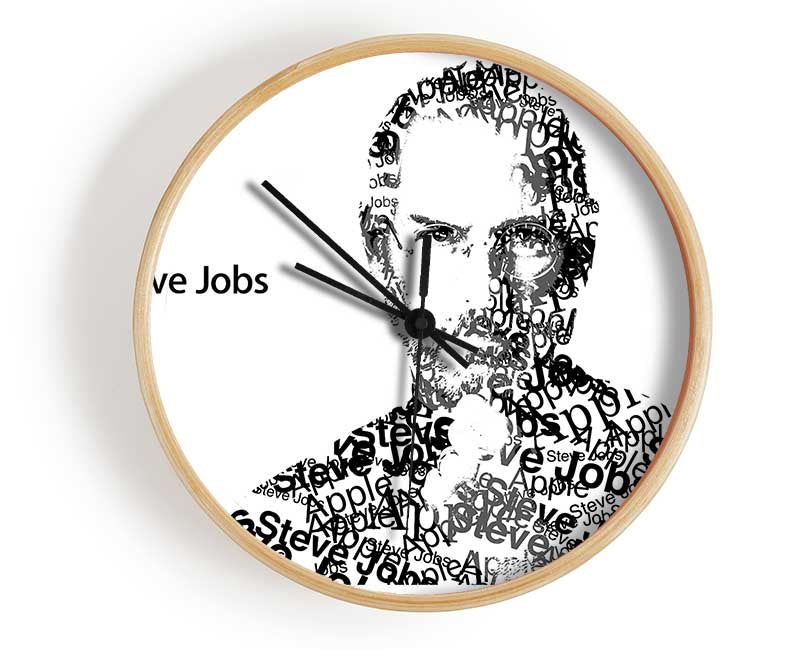 Apple Steve Jobs clock made from natural bamboo with a round face, available in black, white, and natural frame colors.