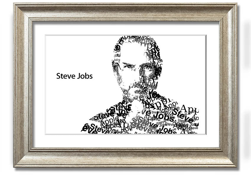 Framed print of Steve Jobs, co-founder of Apple, showcasing his iconic image in a stylish frame.