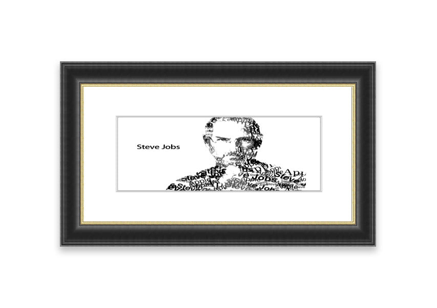 Framed print of Steve Jobs, showcasing his iconic image, available in various frame colors, ready to hang.