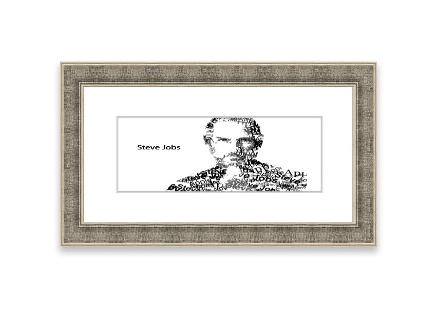 Framed print of Steve Jobs, showcasing his iconic image, available in various frame colors, ready to hang.