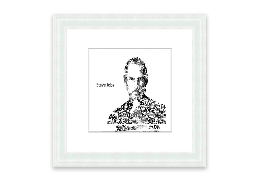 Framed print of Steve Jobs, showcasing his iconic image, available in various frame colors, ready to hang.