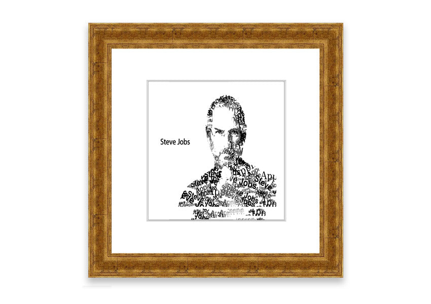 Framed print of Steve Jobs, showcasing his iconic image, available in various frame colors, ready to hang.