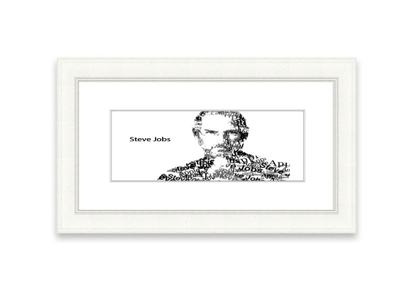 Framed print of Steve Jobs, showcasing his iconic image, available in various frame colors, ready to hang.