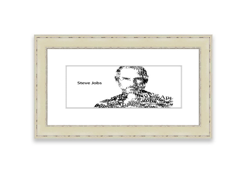 Framed print of Steve Jobs, showcasing his iconic image, available in various frame colors, ready to hang.