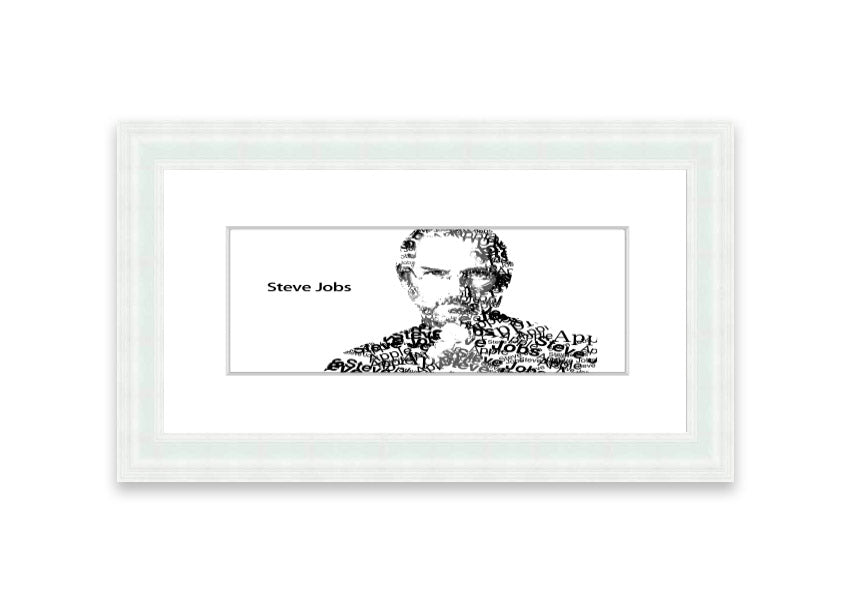 Framed print of Steve Jobs, showcasing his iconic image, available in various frame colors, ready to hang.