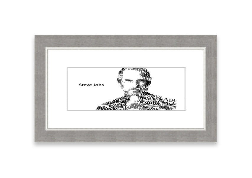 Framed print of Steve Jobs, showcasing his iconic image, available in various frame colors, ready to hang.