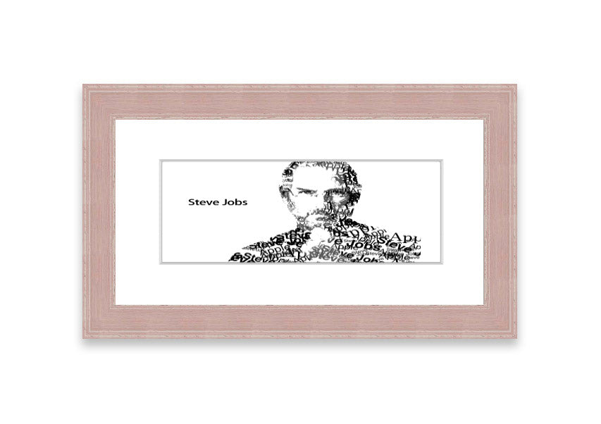 Framed print of Steve Jobs, showcasing his iconic image, available in various frame colors, ready to hang.