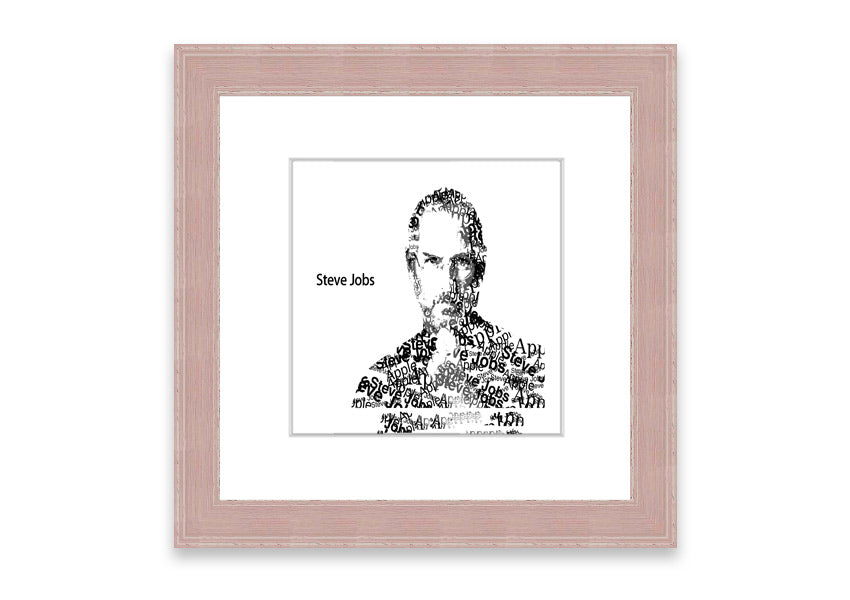 Framed print of Steve Jobs, showcasing his iconic image, available in various frame colors, ready to hang.