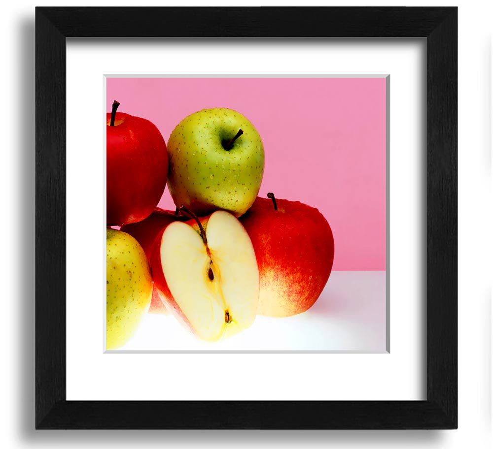 A beautifully framed square print featuring an apple design, available in various frame colors, handmade in the UK.