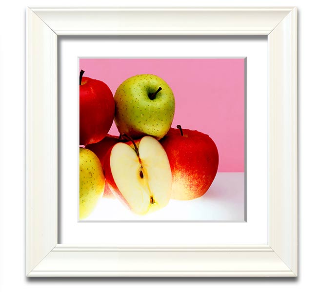 A beautifully framed square print featuring an apple design, available in various frame colors, handmade in the UK.